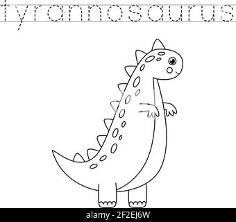 Verfolgen Sie die Namen der Dinosaurier. Farbe niedlich Tyrannosaurus. Handschriftübungen für Kinder im Vorschulalter. Stock Vektor