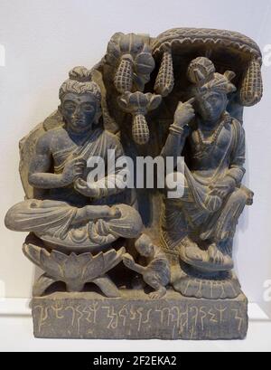 Predigt des Buddha, Gandhara, 3rd oder 4th Jahrhundert n. Chr., grauer Schiefer Stockfoto