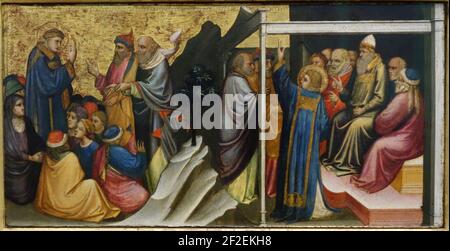 Predella Tafel, die die Legende des heiligen Stephanus darstellt, von Mariotto di Nardo, 1408, Ansicht 1, Stephanus vor dem Hohenpriester & Ältesten von Sanhedrin, tempera auf Tafel Stockfoto