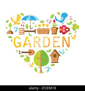 Gartenwerkzeuge Sammlung mit Baum, Topf, Boden, Gießkanne, Vogelhaus und viele andere Objekte auf dem weißen Hintergrund Vektor-Illustration Stock Vektor