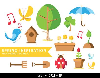 Gartenwerkzeuge Set Sammlung mit Worten Frühling Inspiration und Marienkäfer, Topf, Boden, Gießkanne, Vogelhaus und viele andere Objekte Vektor illustrati Stock Vektor