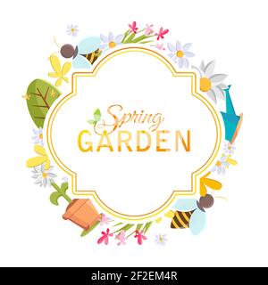 Spring Garten Design Rahmen mit Bildern von Baum, Topf, Biene, Gießkanne, Vogelhaus und viele andere Objekte auf dem weißen Hintergrund Vektor-Illustration Stock Vektor