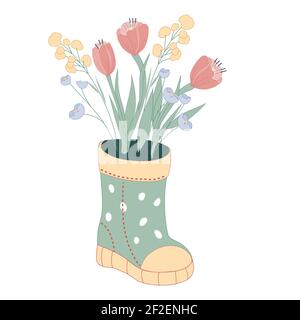 Bouquet von Tulpen und Frühling Wildblumen in Polka dot Gummistiefel, flache Vektor-Illustration isoliert auf weißem Hintergrund. Frühling oder Sommer Blumen in Stock Vektor