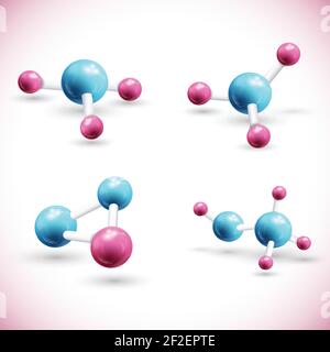Verschiedene bunte Atomketten auf weißem Hintergrund mit isoliert gesetzt Schatten und rosa Ecken 3D Vektorgrafik Stock Vektor