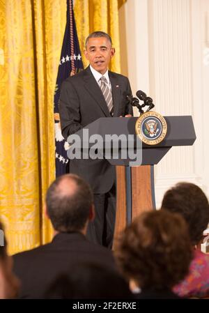 Präsident Barack Obama, Vizepräsident Joe Biden und Arbeitsminister Thomas Perez nehmen am Gipfel des Weißen Hauses über Worker Voice Teil. Stockfoto