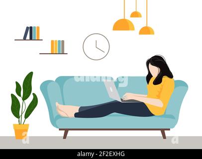 Frau, die von zu Hause aus auf dem Sofa mit einem Laptop auf der Runde arbeitet. Mädchen auf der Couch mit einem Laptop, der von zu Hause aus arbeitet. Stock Vektor