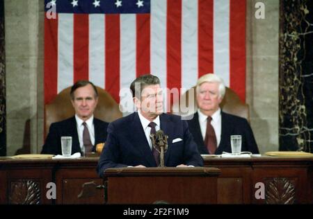 Präsident Ronald Reagan spricht über die Gemeinsame Sitzung des Kongresses. Stockfoto