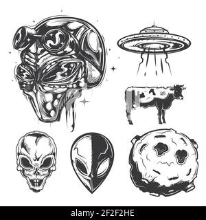 Set von UFO-Elementen (Aliens, fliegende Untertasse, Planet etc.) für die Erstellung Ihrer eigenen Abzeichen, Logos, Etiketten, Plakate etc. Isoliert auf weiß Stock Vektor