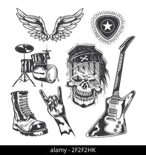 Set von Rock-Elementen (Totenkopf, Stiefel, Schlagzeug, Flügel, Gitarre, Picks) zum Erstellen eigener Abzeichen, Logos, Etiketten, Poster etc. Isoliert auf Weiß Stock Vektor