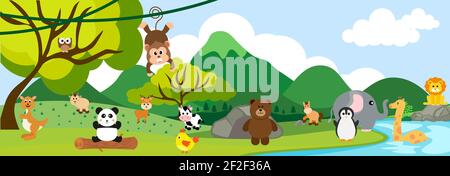 Vektor Cute Jungle Tiere im Cartoon-Stil, wilde Tier, Zoo-Designs für Hintergrund, Baby-Kleidung. Handgezeichnete Zeichen Konzept Stock Vektor