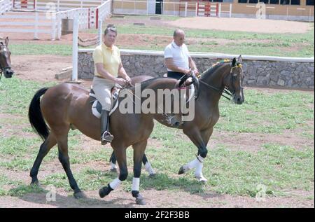 Präsident Ronald Reagan reitend Pferde mit Präsident Joao baptista de Oliveira Figueiredo von Brasilien. Stockfoto
