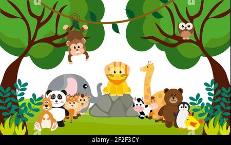 Vektor Cute Jungle Tiere im Cartoon-Stil, wilde Tier, Zoo-Designs für Hintergrund, Baby-Kleidung. Handgezeichnete Zeichen Konzept Stock Vektor