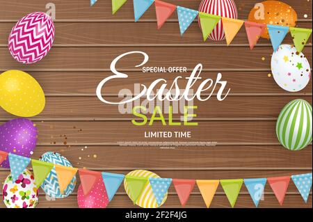 Abstrakt Frohe Ostern Hintergrund mit Eiern und Girlande Flaggen. Vektorgrafik Stock Vektor