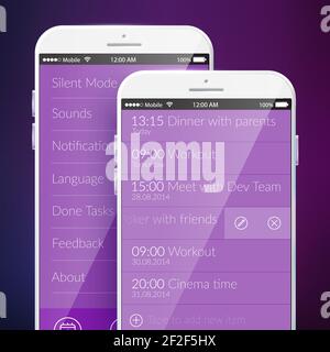 Mobile Bildschirmvorlage mit Erinnerung und Einstellungen Web-Interface-Design In violetter Farbe isolierte Vektorgrafik Stock Vektor