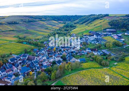 Luftaufnahme auf den Weinbergen in der Sancerre Gegend im Herbst, Berry, Cher, Frankreich Stockfoto