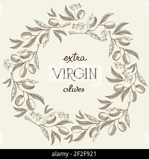 Monochromer blättriger Kranz mit Oliven, Stiel und luxuriöser Blüte handgezeichnete Doodle Vektorgrafik Stock Vektor