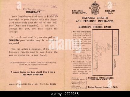 Eine National Amalgamated Approved Society Kranken-und Renten-Versicherungs-Karte Aus den späten 1930er Jahren Stockfoto