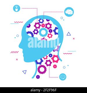 Verarbeiten Sie das Denken und das Erzeugen von Ideen. Rotierender Getriebekopf kreative Inspiration mit intelligenter Projektgenerierung. Stock Vektor