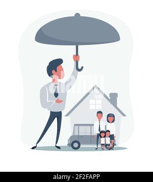 Versicherung Home House Life Car. Konzept der Versicherung mit Schirm über ein Haus, ein Auto und eine Familie Stock Vektor