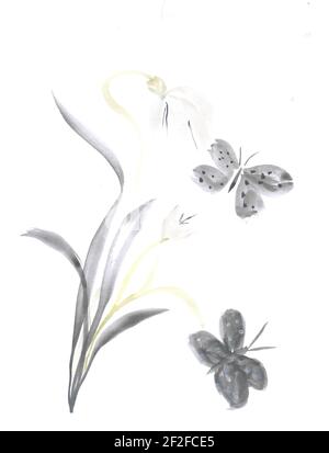 Blumen Aquarell Illustration. Ein zartes Bouquet auf weißem Hintergrund. Florale Illustration, Blatt und Knospen. Botanische Zusammensetzung. Zweig der Blumen - Stockfoto