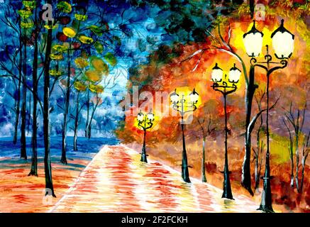 Nacht Herbst Stadt Gasse. Original Expressionismus Gemälde Abend Park Stadtbild. Abstrakt blau-orange einsamen Nachtpark.Impressionismus. Geldbuße Art. Stockfoto