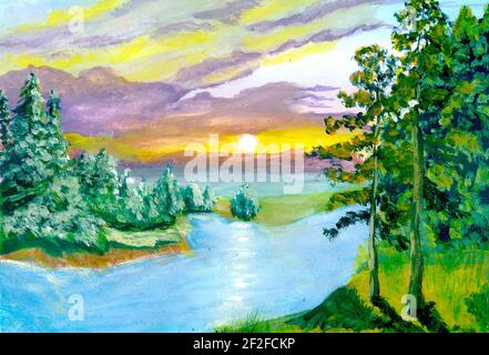 Gemälde auf Leinwand - die Sonnenuntergangslandschaft des Flusses. Illustration Kunstwerke. Stockfoto
