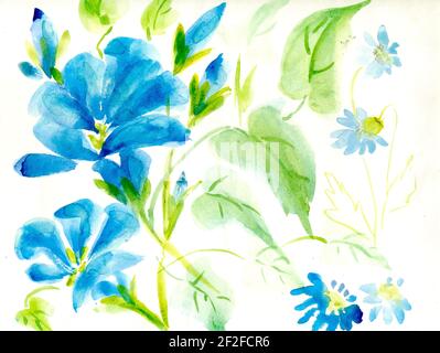 Aquarellmalerei. Blaue Blumen Illustration. Stockfoto
