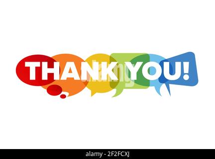 Vielen Dank Lettering-Vorlage aus Sprechblase gemacht. Danksagung für Ihre Seite, mit großen Buchstaben danken Ihnen auf bunten Hintergrundformen Stock Vektor