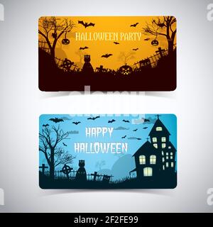 Halloween Nacht Banner mit abgerundeten Ecken glühenden Laternen Friedhof verfolgt Haus Tiere Cartoon-Stil isoliert Vektor Illustration Stock Vektor