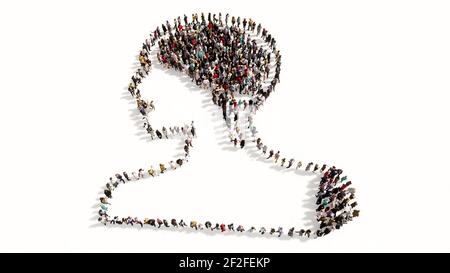 Konzept oder konzeptionelle große Sammlung von Menschen bilden ein Bild eines menschlichen Gehirns auf weißem Hintergrund. Stockfoto