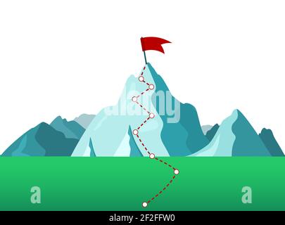 Das Konzept des Geschäftserfolgs. Berggipfel mit einer Flagge auf weißem Hintergrund. Wunderschöne Berglandschaft. Wandern in den Bergen. Vektor illustrr Stock Vektor