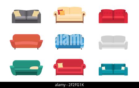 Sofa-Ikonen der Big Collection. Setzen Sie verschiedene Sofas für die Innenausstattung des Hauses. Sofa in Weiß, Blau, Rot und Beige. Vektorgrafik im flachen Stil. Stock Vektor