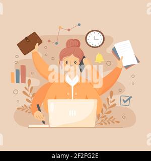 Flach-Hand gezeichnet Multitasking Business Frau Vektor Illustration. Stock Vektor