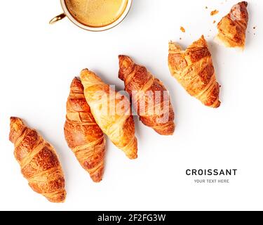Frische Croissants und Kaffeetasse kreatives Layout auf weißem Hintergrund. Gesunde Ernährung und süße Lebensmittel Konzept. Französisches Frühstück. Flach liegend, Draufsicht. Desi Stockfoto