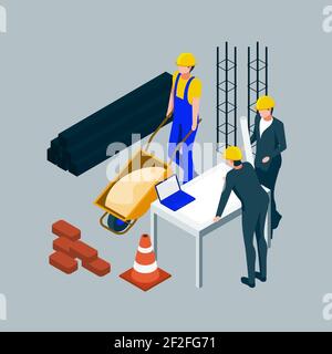 Isometrische Ingenieure arbeiten an Konstruktion Illustration Vektor Illustration. Stock Vektor