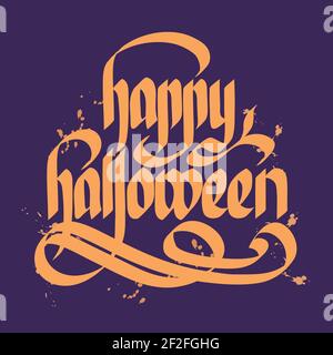 Typografisches Designkonzept mit kalligraphischer handgeschriebener Happy Halloween Beschriftung auf Violetter Hintergrund isolierte Vektorgrafik Stock Vektor