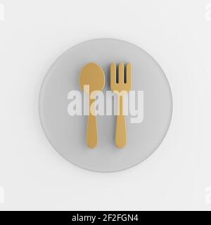 Goldene Gabel und Löffel-Ikone in flachem Stil. 3D Rendering grey round button key, Interface ux ui Element Stockfoto