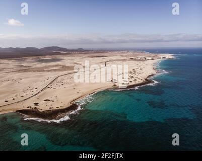 Corralejo Sand Dunes National Park Luftdrohne erschossen - Fuerteventura Stockfoto