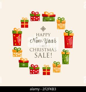 Festliches Happy New Year Poster mit kalligraphischen Inschrift und bunt Präsentieren Boxen in runden Form Vektor-Illustration Stock Vektor