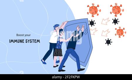 Stärkung des Immunsystems Web-Banner-Konzept mit Menschen schützen sich vor Viren und Krankheiten verursachenden Bakterien. Schutz des Immunsystems strag Stock Vektor