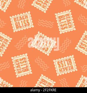 Strand Glückseligkeit Typografie Vektor nahtlose Muster Hintergrund.Tropical monochrom orange Hintergrund Mit dekorierten Text auf Stempelformen und Doodle-Wellen Stock Vektor