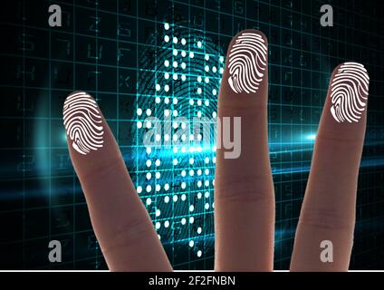 Menschliche Finger scannen über biometrischen Scanner gegen Cyber-Sicherheitsdaten Wird verarbeitet Stockfoto