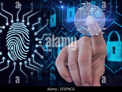 Scannen von menschlichen Fingern über biometrischen Scanner gegen Sicherheits-Vorhängeschloss-Symbole Auf blauem Hintergrund Stockfoto