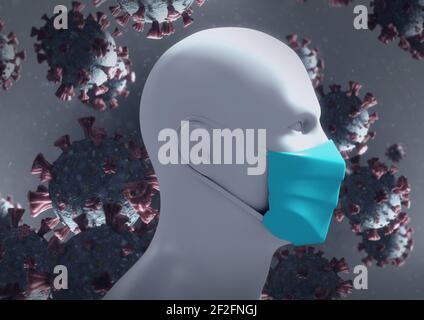 Menschliches Kopfmodell mit Gesichtsmaske gegen mehrere covid-19 Zellen Auf grauem Hintergrund Stockfoto