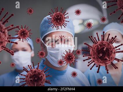 Mehrere covid-19 Zellen gegen Porträt des Teams von Ärzten tragen Gesichtsmaske Stockfoto