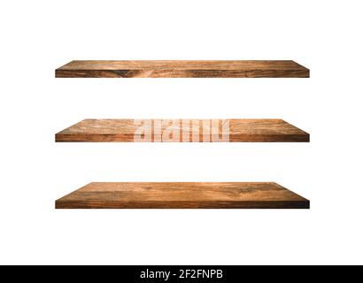 Sammlung von Holzregalen isoliert auf weißem Hintergrund mit Clipping Weg für Design und Arbeit Stockfoto
