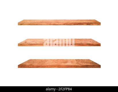 Drei Holzregale isoliert auf weißem Hintergrund mit Clipping-Pfad Für Ihr Produkt oder Design Stockfoto