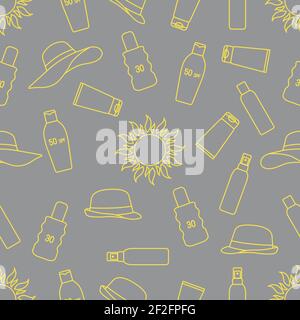 Vector Seamless Pattern Reiseabbildung Sonne, Sonnenhüte, Sonnenschutzcreme, Lotion, Milch-Hautschutz vor solarer Ultraviolettstrahlung Sommerzeit, Stock Vektor