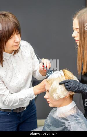 Zwei weibliche Friseure färben Haare von jungen kaukasischen Frau in Friseursalon Stockfoto