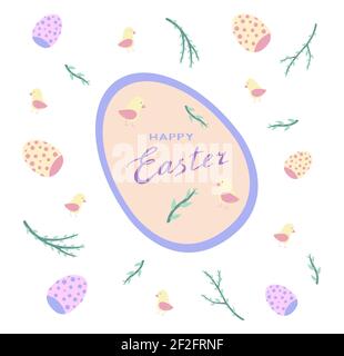 Frohe Ostern - Grußkarte mit Schriftzug auf großen Eiern, Küken, Ästen mit jungen Blättern und gepunkteten Ostereiern in Pastellfarben. Vektordarstellung Stock Vektor